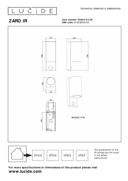Lucide ZARO IR - Wandspot / Wandlamp Binnen/Buiten - 2xGU10 - IP65 - Beweging & dag/nacht sensor (uitschakelbaar) - Zwart - technisch